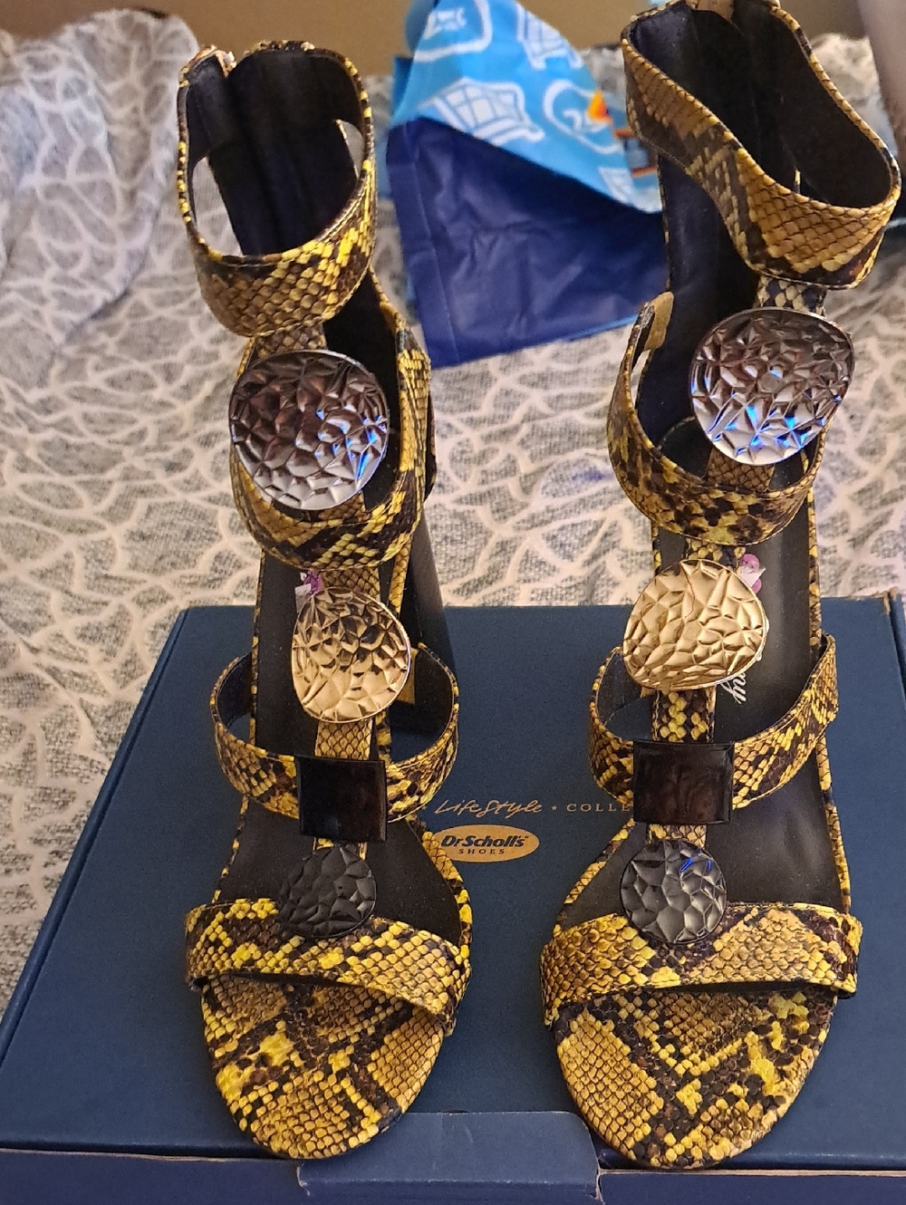 Yellow Snakeskin High Heel Sandals with Metallic Discs